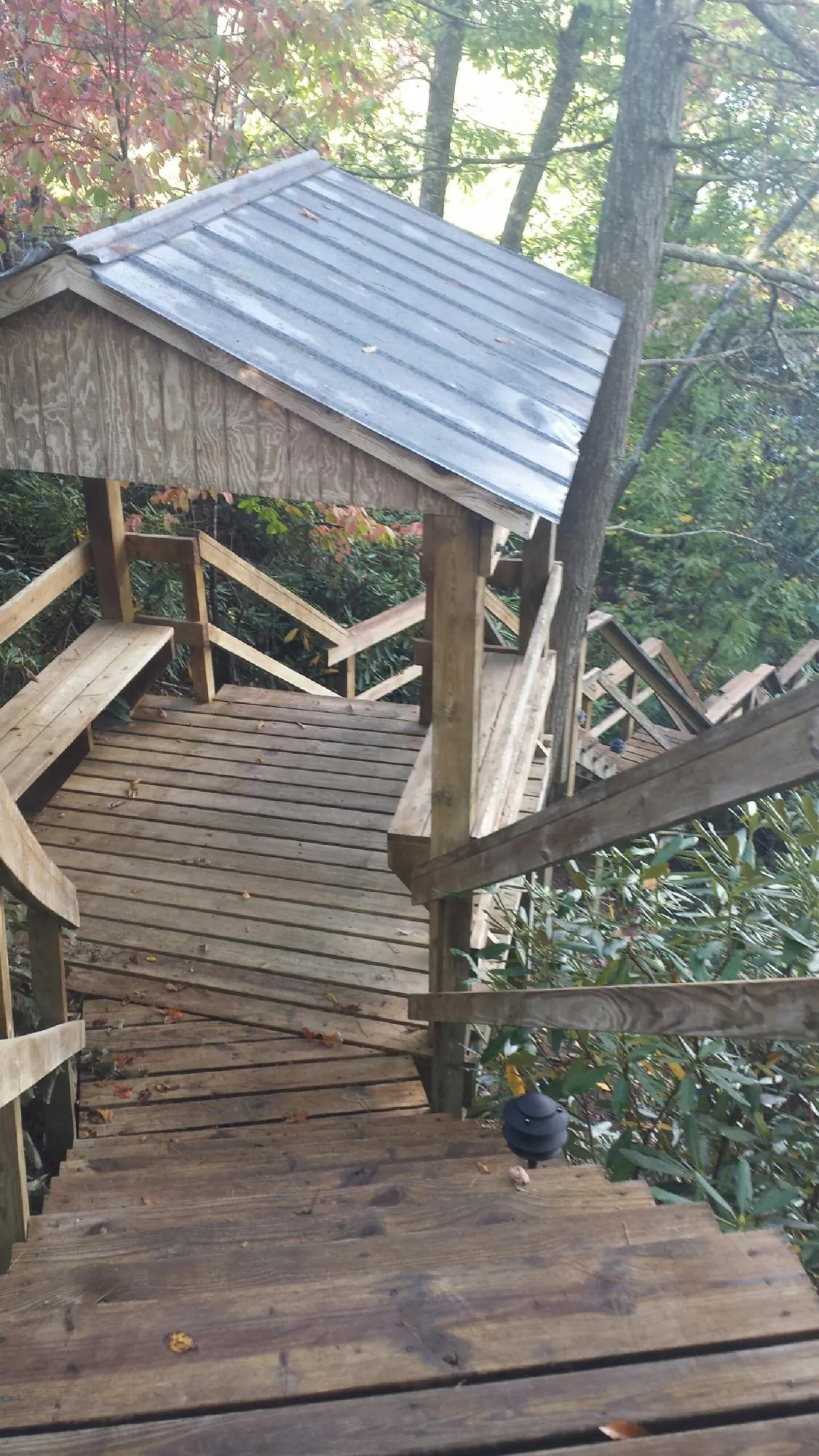 Metal roofed shelter over wooden steps on a wooded walkway — Skylight Repair & Installation work by our crew in Pine Lake